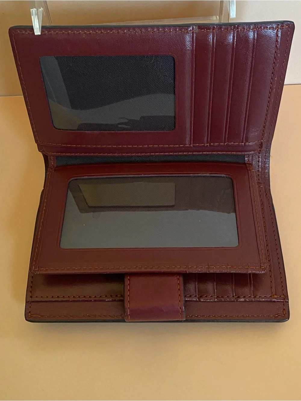 MCM Two-Tone Trifold Leather Continental Wallet in Burgundy and Cognac Brown